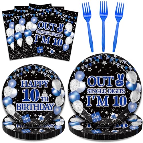 Partygeschirr-Set zum 10. Geburtstag, marineblau, schwarz, doppelstellig, Geburtstagsparty-Dekorationen für Jungen und Mädchen, 10 Jahre alt, Geburtstagsparty, Dessertteller, Servietten, von Huzobooby