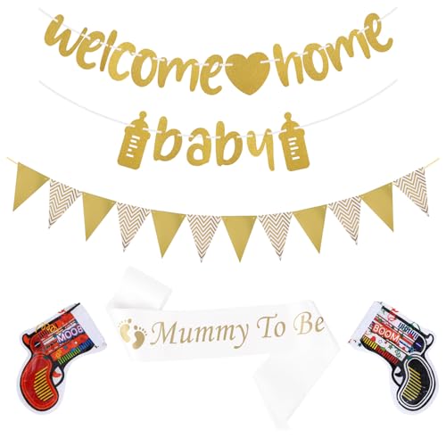 Baby Shower Schärpe Mummy to Be Schärpe, Baby Welcome Home Dekorationen Banner, Babyparty Banner und Glitzer Papier Flaggen für Baby Shower Dekorationen Junge oder Mädchen (Gold) von HweeWanX