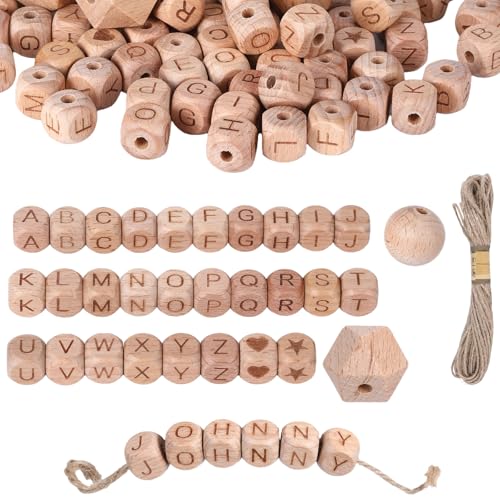 HweeWanX 84 Stück Holzperlen Buchstaben Perlen und Muster 12mm, und 20 Stück Holzperlen 20mm mit Loch, Holzperlen Natur mit 10m Hanfseil, Holzperlen zum AuffäDeln für DIY Schmuck Halskette, 5 Stile von HweeWanX