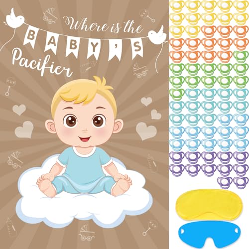 Hxezoc Babyparty-Spiel, Pin The Pacifier On The Baby Game with 72 Pcs Pacifier Stickers, Large Baby Party Games Poster for Boys Kids Baby Shower Party Birthday Party Supplies von Hxezoc