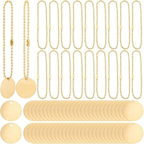 Hxhsgmeh 50 Stück Runde Messinganhänger, 2,5 Cm, mit 50 Stück 2,4 mm Kugelketten für Haustiere, Pflanzen, Türschlüssel, Pflanzen, DIY-Bastelarbeiten, Schmuckherstellung von Hxhsgmeh