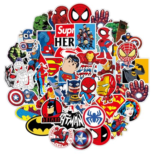 50 Stück Sticker Set, Super Hero Graffiti Aufkleber Kinder, Wasserfest Stickers für Mädchen Jungen Koffer Skateboard Laptop Kühlschrank Fahrräder DIY Scrapbooking Spielzeug Deko Kindergeburtstag von Hxleucry