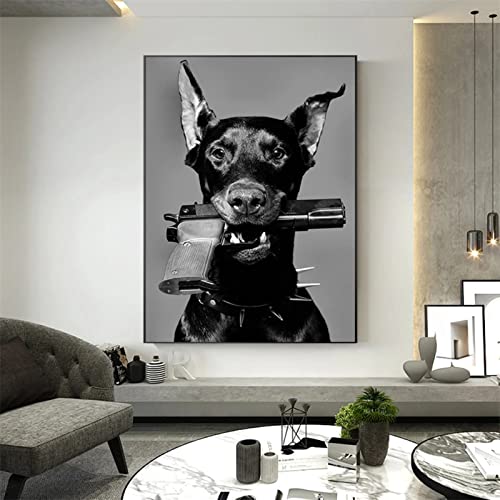 DIY 5D Diamond Painting Set Dobermann Hund Pistole Schwarz Weiß 50x70cm Malen nach Zahlen Diamant, Diamant Painting Bilder Kinder, Geschenk Erwachsene Kinder, Leinwand Stickerei Crafts Wand Decor von Hyanun