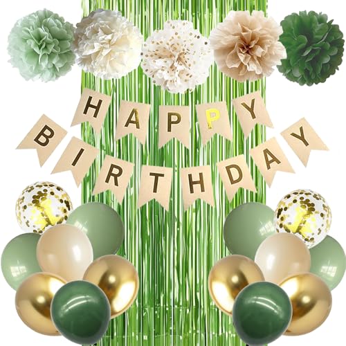 Hyballustw Salbeigrün Geburtstagsdekorationen Happy Birthday Party Dekorationen Grün Gold Ballon Banner Papier Pom Poms Retro Rustikale Dekoration Supplies für Frauen Mädchen Neutral Grün Motto-Party von Hyballustw