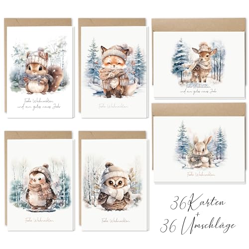 36 Weihnachtskarten, Weihnachtskarten mit Umschlag Set, A6 Klappkarten Kraftpapier Umschlag, Frohe Weihnachten Merry Christmas xmas Aquarell Waldtiere Reh Fuchs Hase Eule Eichhörnchen Pinguin von Hyggartn