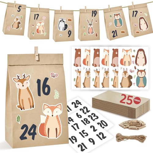 Adventskalender zum Befüllen 2025 - Waldtiere Adventskalender Tüten zum Befüllen groß, DIY Adventskalender selber Befüllen Kinder Erwachsene mit 25 Papiertüten braun und Klammern Weihnachtskalender von Hyggartn