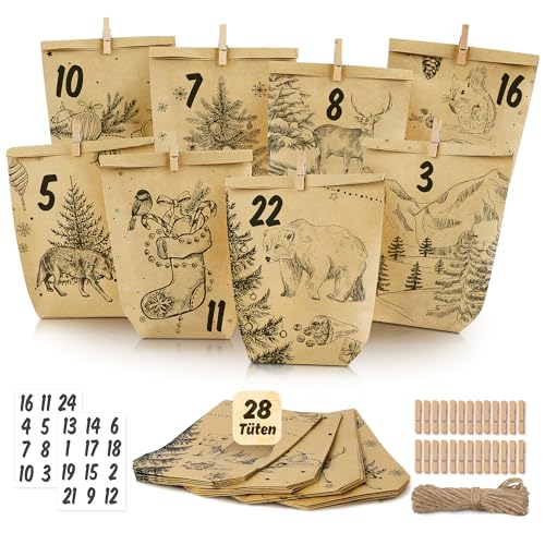 Adventskalender zum Befüllen - 28 Weihnachtskalender Papiertüten und Zahlenaufkleber zum Selber Basteln - Doppelseitig bedrucktes Motiv - Kraftpapiertüten Advents für Kinder Erwachsene Weihnachten von Hyggartn