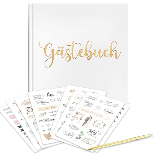 Gästebuch Hochzeit, inkl. Stift und Stickers, 72 Seiten 160 g/m² Premium-Papier, Hochzeitsgästebuch, Hochzeitsalbum für Erinnerungen, 155 Einzigartige Sticker Hochzeit in Deutsch und Englisch von Hyggartn