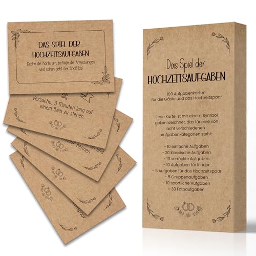 Hochzeits Aufgaben Karten, 100+10 Fotoaufgaben - Hochzeitsspiel für Gäste & Brautpaar, Hochzeit Partyspiel für Gäste, Fotoaufgaben Spiel, Kraftpapier, 9 * 6 cm, Perfekt für Gästebuch Hochzeit von Hyggartn