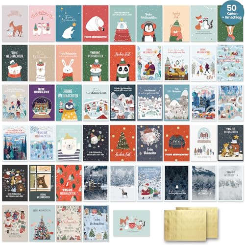 Weihnachtskarten Set 50 - Premium Weihnachtskarten mit Umschlag Set – Kleine Weihnachtskarten Klappkarten A6 – Karten Weihnachten Grußkarten mit hellen und lustigen Designs für Kinder Familie Freunde von Hyggartn