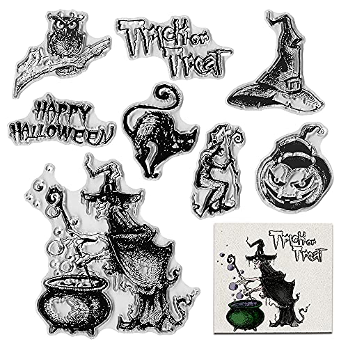 Halloween Hexe Eule Katze Clear Stamps for Card Making Scrapbooking Crafting DIY Decorations, Cauldron and Potion Transparent Silicone Seal Stamps for Embossing Album Crafts von Hying