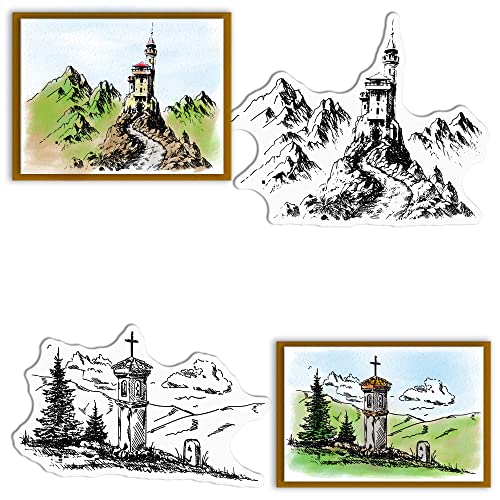 Hying Bergbäume Hintergrund Clear Stamps for Card Making, Forest Trees Stamps Nature Mountain Castle House Rubber Stamps Transparent Seal for DIY Scrapbooking Photo Album Decor Supplies von Hying