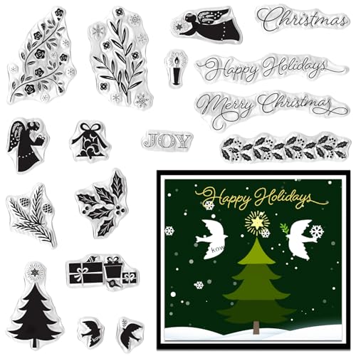 Hying Weihnachtsbäume Blätter transparente Stempel für Kartenherstellung, Xmas Joy Engel Gummistempel Happy Holiday Wörter transparenter Stempel Siegel für Basteln DIY Scrapbooking Fotoalbum Dekor von Hying