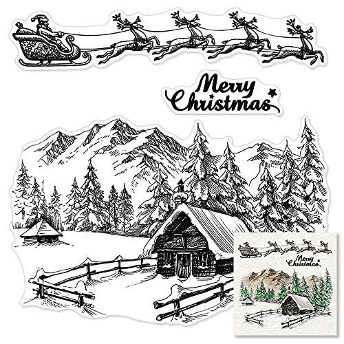 Weihnachts-Bergbäume Clear Stamps für Kartenherstellung und Fotoalbum-Dekorationen, Weihnachtsmann Schlitten Silikonstempel Winter Schnee Transparente Gummistempel Siegel für DIY Scrapbooking Supplies von Hying