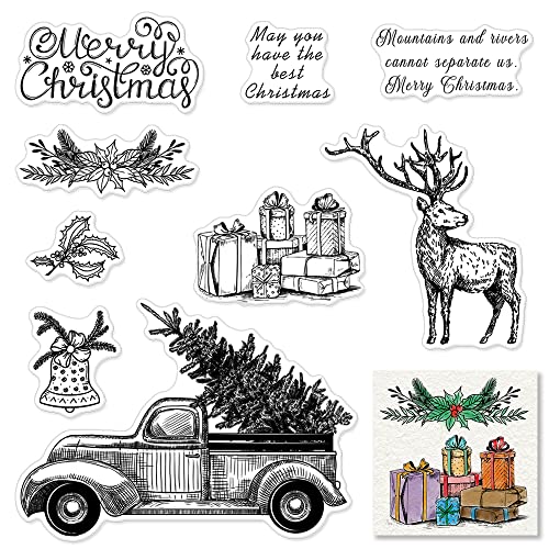 Weihnachtsbaum Truck Clear Stamps für Kartenherstellung und Fotoalbum Dekorationen, Weihnachten Gruß Wörter Silikon Stempel Elch Hirsch Geschenk Transparent Gummi Stempel Siegel für DIY Scrapbooking von Hying