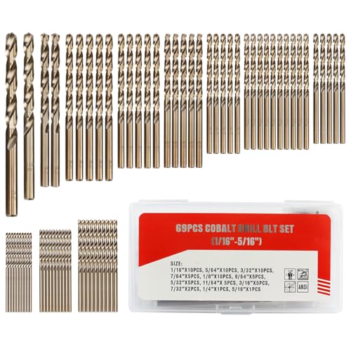 Hymnorq 69-teiliges Fractional Drill Bit Set, M35 Kobaltstahl, 1/16 Zoll bis 5/16 Zoll, 135 Grad Split Point, Dual Twist Flöten, Bronze-Finish, mit PP-Kunststoff-Aufbewahrungskoffer von Hymnorq