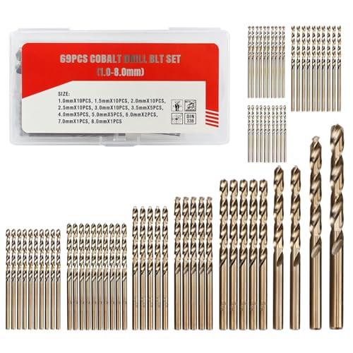 Hymnorq Metrisches Bohrer-Set, 69-teilig, M35 Kobaltstahl, 1 mm bis 8 mm Größen, Doppeldrehnut, 135 Grad Kreuzspitze, Bronze-Finish, mit PP-Kunststoff-Aufbewahrungskoffer von Hymnorq