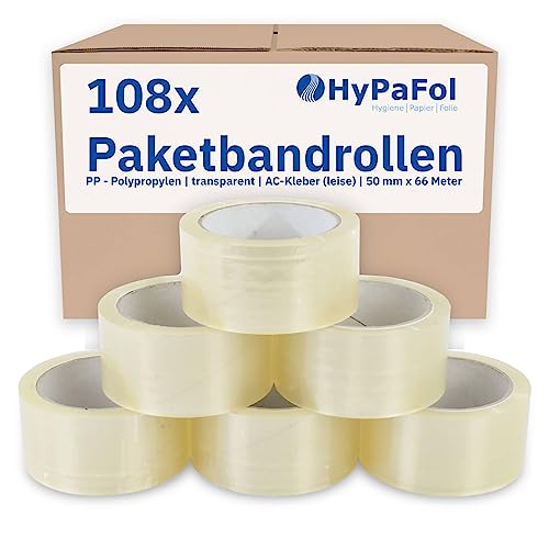 Hypafol Klebeband transparent I 108 x geräuscharmes Paketklebeband, 50mm x 66m I 76mm Durchmesser, für Handabroller geeignet I recyclebares Polypropylen-Paketband I sicherer Verschluss & feste Haftung von Hypafol