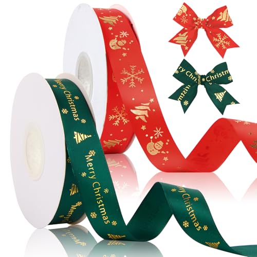 Hyran Geschenkband Weihnachten, 2 Stück Rot + Dunkelgrün Schleifenband, 25 Yards Schleifenband Weihnachten, Weihnachtsbänder für Dekoration, Geschenkverpackung, Schleifenherstellung von Hyran