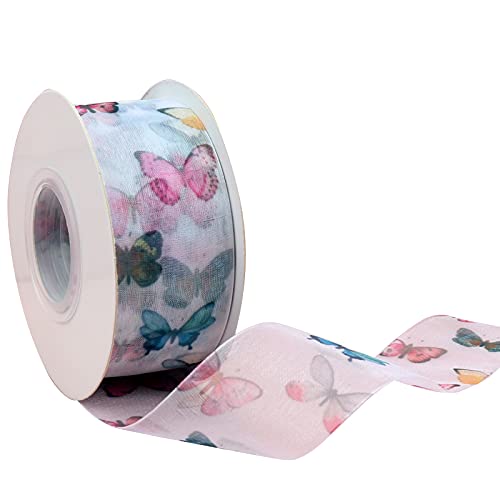 Hyribn 22 Yards Schmetterling bedrucktes Seidenband für Geschenkverpackungen, Chiffon-Frühlingsbänder zum Basteln, Band für Blumenstrauß, Schleifen, Hochzeit, Dekoration (weiß, 3,8 cm) von Hyribn