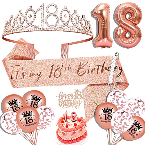 18 Geburtstag Dekorationen für Mädchen, 18 Geburtstag Schärpe 18 Geburtstag Krone 18 Geburtstag Tortenaufsatz Luftballons Pin und Kerze Set Rose Gold von Hysilla