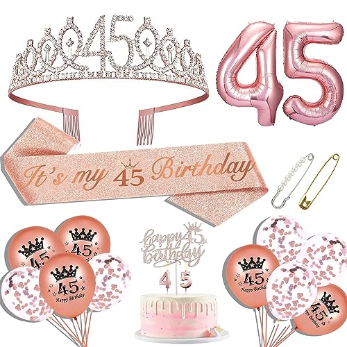 45 Geburtstag Geschenke für Frauen 45 Geburtstag Schärpe 45 Geburtstag Krone 45 Geburtstag Kuchen Topper Luftballons Pin und Kerze Set Rosegold von Hysilla