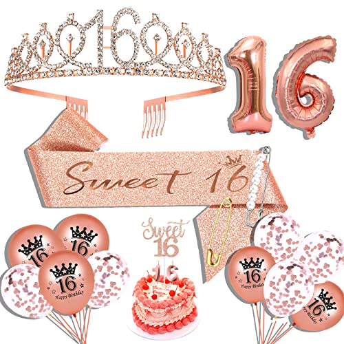 Sweet 16 Geburtstagsdeko Sweet 16 Schärpe Sweet 16 Tiara Sweet 16 Tortenaufsatz Sweet 16 Tortenaufsatz Luftballons Pin und Kerze Set Rose Gold von Hysilla