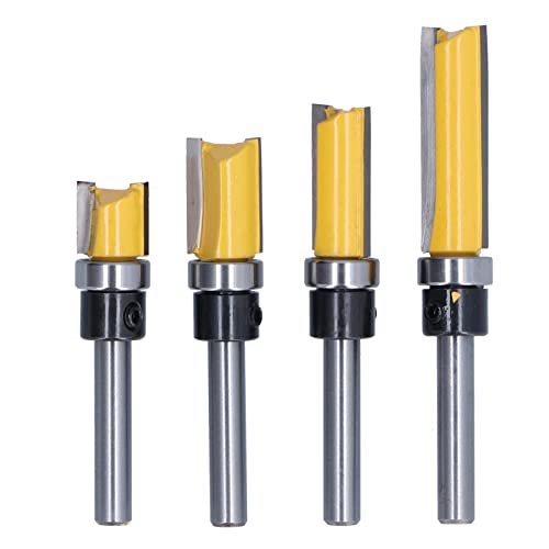 Flush Trim Router Bit Set, 4pcs Holzbearbeitungsschneider mit Wolframstahlblättern 1/2 -Zoll -Schnittbreite, Silbergelb Runde 1/4 -Zoll von Hyuduo