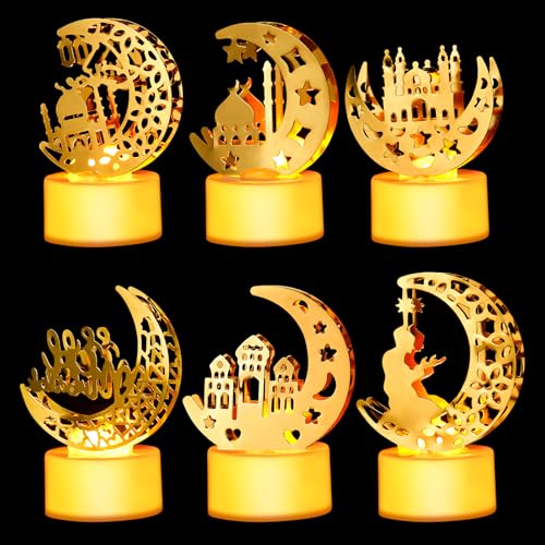 Hyunlai Ramadan Deko Lampe, 6 Stück LED Eid Mubarak Dekoration, Mond Stern lichter Tischdeko, Ramadan Dekoration Laterne, 3D Ramadan Lichter für Islamische Muslimische Ramadan Festival Dekorative von Hyunlai