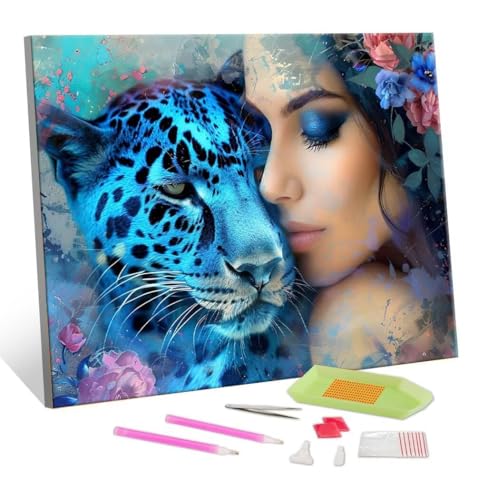 5D Diamond Painting Erwachsene Kits, DIY Frau Leopard Diamond Painting Bilder, Mosaikherstellung Malen Nach Zahlen Full Drill Stickerei Malerei Kits für Home Weihnachten Wand Décor 40x50cm S-236 von Hyupuanj