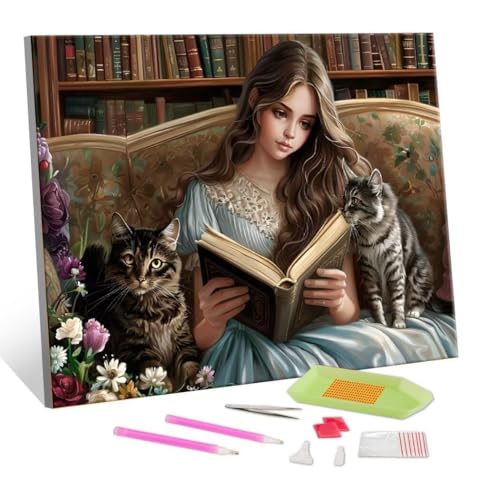 DIY Diamond Painting, Mädchen Katze Diamond Art Painting Kits for Adults, Kinder und Beginner Embroidery Pictures Arts Crafts for, Mosaikherstellung, Set for Wall Decoration Geschenk 25x35cm S-213 von Hyupuanj