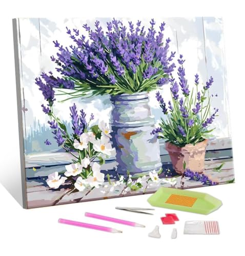 Diamond Painting Kits für Erwachsene Kinder DIY 5D Diamond Art Lavendel Blumen Paint mit Runden Diamond Full Drill Gem Art Painting Kit Diamond Painting Zubehör, für Home Wall Decor 60x80cm S-736 von Hyupuanj