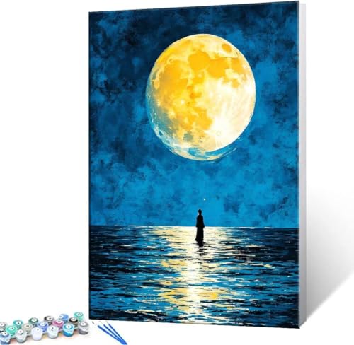 Hyupuanj Malen Nach Zahlen Erwachsene, Paint by Numbers Malen Nach Zahlen, DIY Mond Meer mit Pinseln und Acrylfarben Handgemalt Ölgemälde Leinwand für Home Deko Geschenke, Ohne Rahmen 30x40 cm J-972 von Hyupuanj