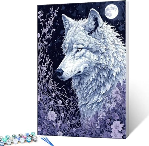 Hyupuanj Malen Nach Zahlen Erwachsene, Paint by Numbers Malen Nach Zahlen, DIY Mond Wolf mit Pinseln und Acrylfarben Handgemalt Ölgemälde Leinwand für Home Deko Geschenke, Ohne Rahmen 30x40 cm J-976 von Hyupuanj