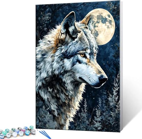 Hyupuanj Malen Nach Zahlen Erwachsene, Paint by Numbers Malen Nach Zahlen, DIY Mond Wolf mit Pinseln und Acrylfarben Handgemalt Ölgemälde Leinwand für Home Deko Geschenke, Ohne Rahmen 40x50 cm J-975 von Hyupuanj