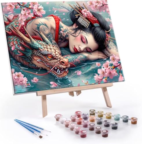 Malen Nach Zahlen Erwachsene, Paint by Numbers Malen Nach Zahlen, DIY Geisha Dragon mit Pinseln und Acrylfarben Handgemalt Ölgemälde Leinwand für Home Deko Geschenke, Ohne Rahmen 60x80 cm J-925 von Hyupuanj