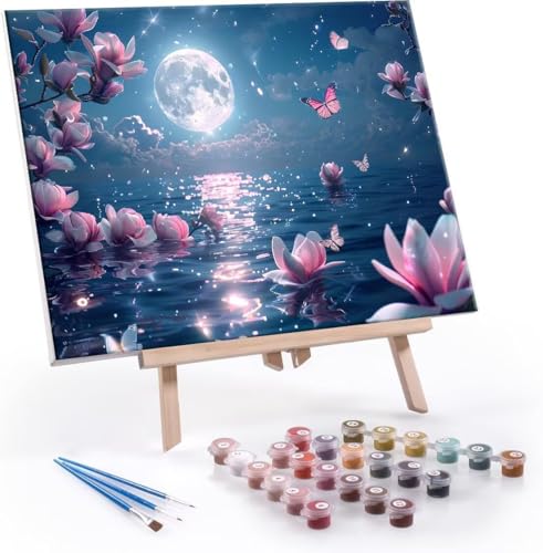 Malen Nach Zahlen Erwachsene, Paint by Numbers Malen Nach Zahlen, DIY Mond Magnolienblüte mit Pinseln und Acrylfarben Handgemalt Ölgemälde Leinwand für Home Deko Geschenke, Ohne Rahmen 50x70 cm J-994 von Hyupuanj