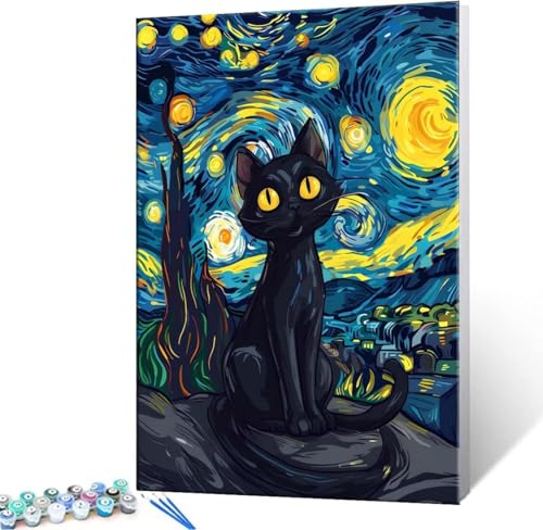 Malen Nach Zahlen Erwachsene, Paint by Numbers Malen Nach Zahlen, DIY Starry Sky Cat mit Pinseln und Acrylfarben Handgemalt Ölgemälde Leinwand für Home Deko Geschenke, Ohne Rahmen 50x70 cm J-834 von Hyupuanj