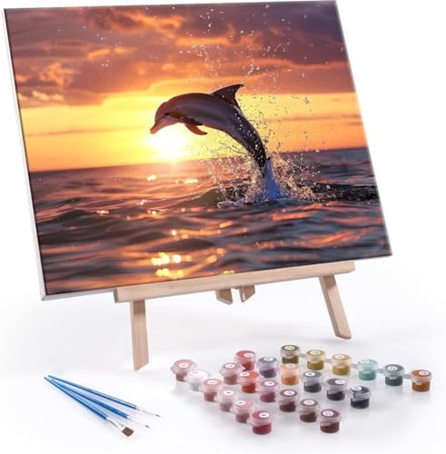 Malen Nach Zahlen Erwachsene Dolphin Sonnenuntergang - Malen Nach Zahlen für Kinder AnfäNger, Knitterfreie Leinwand, Pinsels Und Acrylfarbe - ohne Rand DIY Handgemalt öLgemäLde Kit 80x110 cm L-197 von Hyupuanj