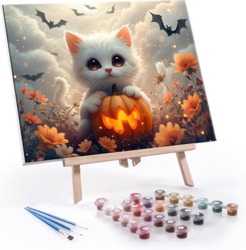 Malen Nach Zahlen Erwachsene Halloween Katze - Malen Nach Zahlen für Kinder AnfäNger, Knitterfreie Leinwand, Pinsels Und Acrylfarbe - ohne Rand DIY Handgemalt öLgemäLde Kit Als Geschenk 20x30 cm L-723 von Hyupuanj