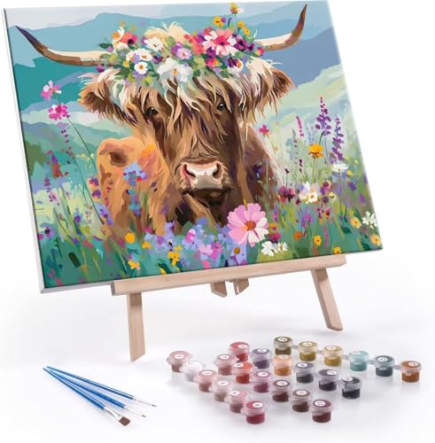 Malen Nach Zahlen Erwachsene Hochlandrinder Blumen - Malen Nach Zahlen für Kinder AnfäNger, Knitterfreie Leinwand, Pinsels Und Acrylfarbe - ohne Rand DIY Handgemalt öLgemäLde Kit 70x90 cm L-174 von Hyupuanj