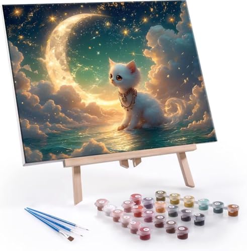 Malen Nach Zahlen Erwachsene Mond Kat - Malen Nach Zahlen für Kinder AnfäNger, Knitterfreie Leinwand, Pinsels Und Acrylfarbe - ohne Rand DIY Handgemalt öLgemäLde Kit Als Geschenk 70x90 cm L-990 von Hyupuanj