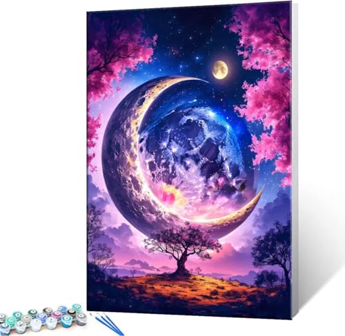 Malen Nach Zahlen Erwachsene Mond Landschaft - Malen Nach Zahlen für Kinder AnfäNger, Knitterfreie Leinwand, Pinsels Und Acrylfarbe - ohne Rand DIY Handgemalt öLgemäLde Kit Als Geschenk 20x30 cm L-979 von Hyupuanj