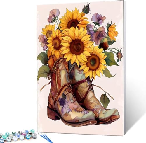 Malen Nach Zahlen Erwachsene Schuhe Sonnenblumen - Malen Nach Zahlen für Kinder AnfäNger, Knitterfreie Leinwand, Pinsels Und Acrylfarbe - ohne Rand DIY Handgemalt öLgemäLde Kit Geschenk 20x30 cm L-815 von Hyupuanj