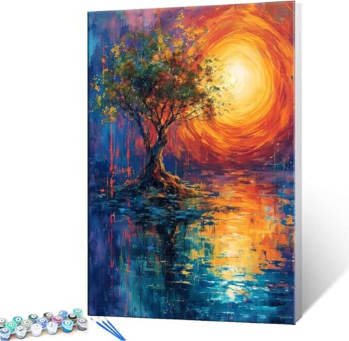 Malen Nach Zahlen Erwachsene Sunset Baum - Malen Nach Zahlen für Kinder AnfäNger, Knitterfreie Leinwand, Pinsels Und Acrylfarbe - ohne Rand DIY Handgemalt öLgemäLde Kit Als Geschenk 60x80 cm L-735 von Hyupuanj