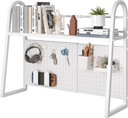 Kein Locher Metall-Desktop-Bücherregal, multifunktionales, freistehendes Aufbewahrungsregal, Präsentationsregal mit hängenden Plattenhaken, Desktop-Aufbewahrungsorganisator, erweiterbar (55–96 cm)(Bia von HyyKjEU