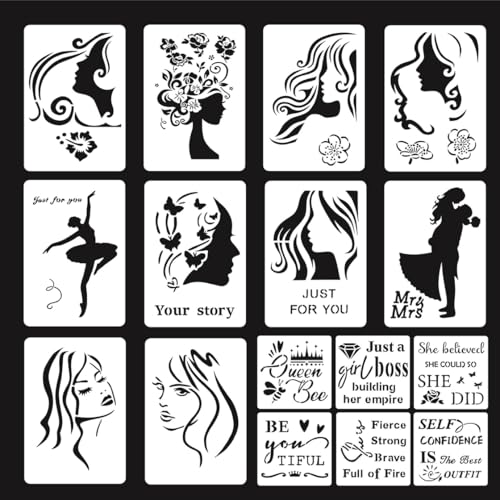 HyzaPhix 16 Stücke Schablonen Set, Frauen mit Floralem Schablonen Inspirierend Zitat Stencils Stencils Template zum Malen Kunst Wandgestaltung DIY Natur Dekor Zeichen (16PCS) von HyzaPhix