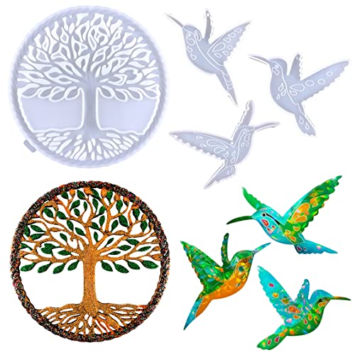 HyzaPhix 4 Stück Resin Silikonform Epoxidharz Formen Baum des Lebens Silikon Gießform Kolibri Tree of Life Silicone Mold für DIY Handwerk Wanddekoration Wohnkultur von HyzaPhix