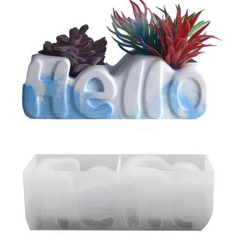 HyzaPhix DIY Sukkulenten Topf Resin Silikonform, Blumentopf Harz Gießen Formen Pflanzentopf Gießformen für Beton, Raysin Epoxidharz Form Für Pflanzgefäß, Pflanzkübel, Kerzenhalter (HELLO) von HyzaPhix