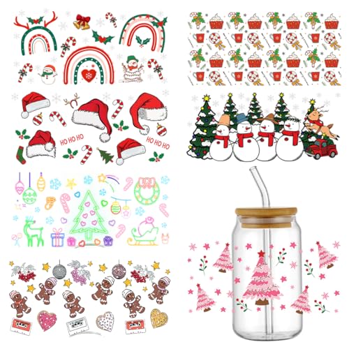 HyzaPhix Weihnachtliche Aufkleber Sticker, UV Dtf Transfer Aufkleber, Rub on Sticker Weihnachten Aufkleber für Becher, 16 Oz Glas, Cocktail Gläser, Glasbecher (7pcs) von HyzaPhix